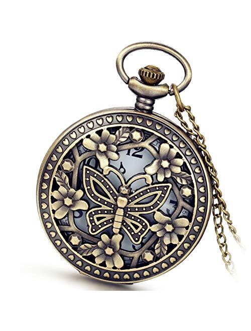 Avaner Antique Bronze Retro Hollow Rose Flowers Openwork Quartz Pocket Watch for Women Girls