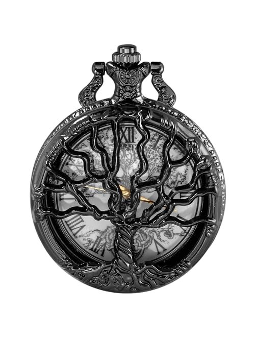 Tiong Pocket Watch Hollow Tree of Life Design Roman Numerals Quartz Pocket Watches with Chain Christmas Graduation Birthday Gifts