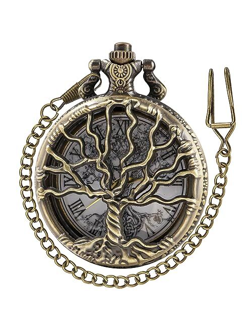 Tiong Pocket Watch Hollow Tree of Life Design Roman Numerals Quartz Pocket Watches with Chain Christmas Graduation Birthday Gifts