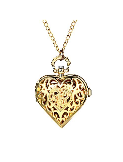 JewelryWe Vintage Silver Tone Heart Locket Style Pendant Pocket Watch Necklace for Girls Lady Women, 30-inch Chain for Valentines Day