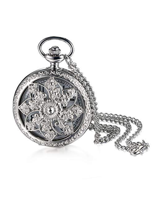 JewelryWe Retro Bronze Flower Openwork Cover Quartz Pocket Watch with 32.3 Inch Chain for Valentines Day