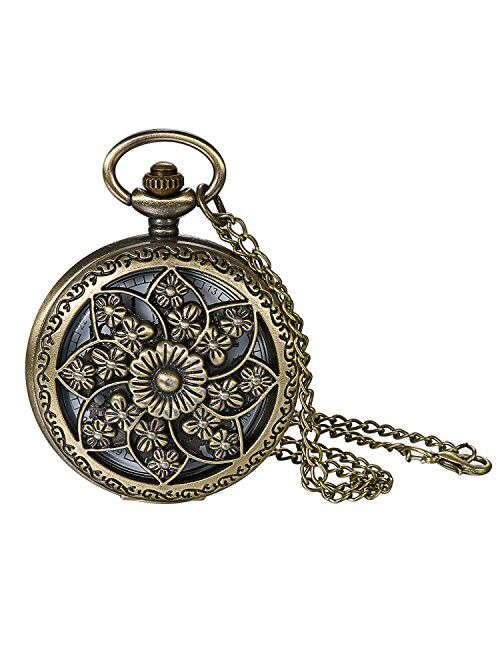 JewelryWe Retro Bronze Flower Openwork Cover Quartz Pocket Watch with 32.3 Inch Chain for Valentines Day