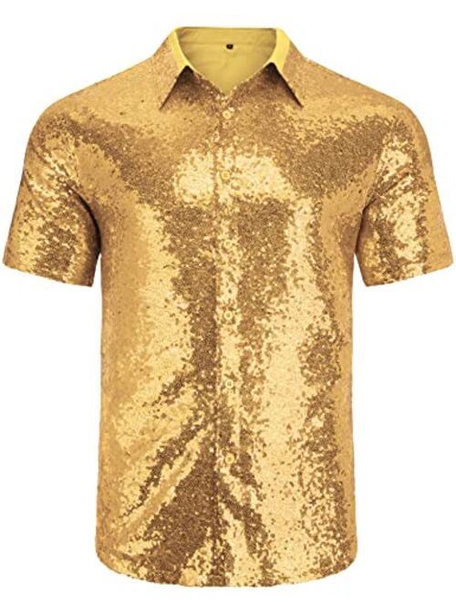 LecGee Mens Disco Sequin Prom Shirt Short Sleeve Luxury Sparkle Button Down 70s Party Club Novelty Shiny Shirt for Men