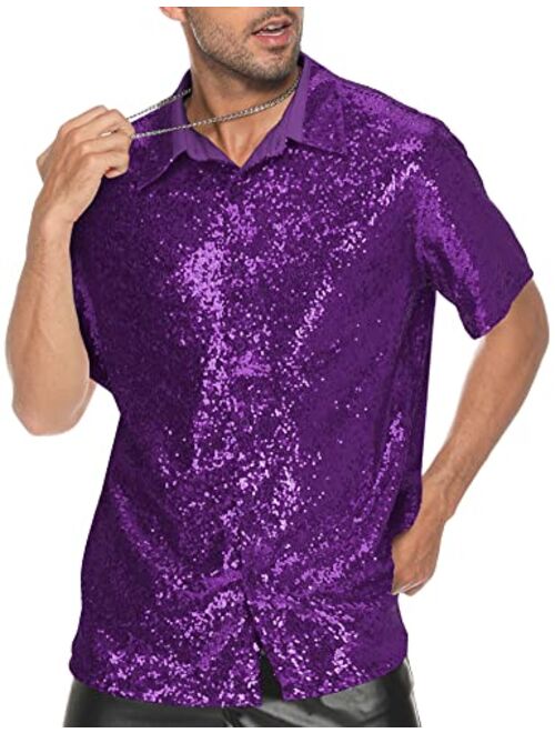 LecGee Mens Disco Sequin Prom Shirt Short Sleeve Luxury Sparkle Button Down 70s Party Club Novelty Shiny Shirt for Men