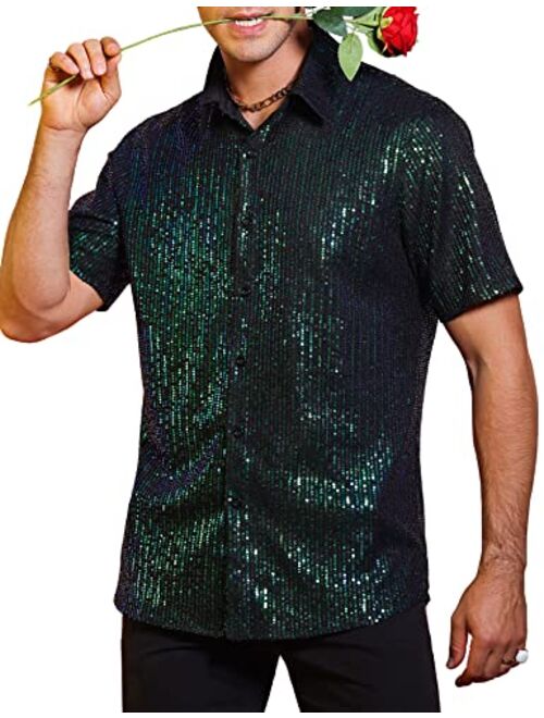 LecGee Mens Disco Sequin Prom Shirt Short Sleeve Luxury Sparkle Button Down 70s Party Club Novelty Shiny Shirt for Men