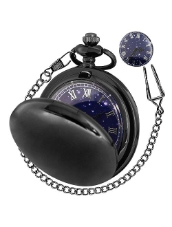 Tiong Pocket Watch Hollow Blue Star Design Roman Numerals Quartz with Chain Christmas Birthday Gifts