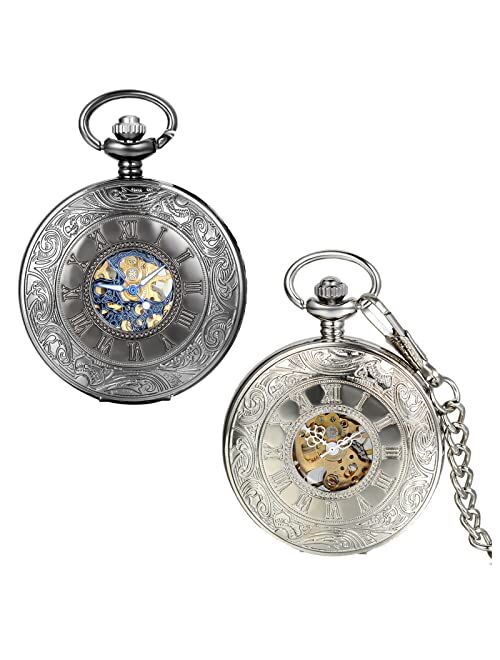 JewelryWe Antique Mechanical Pocket Watch Retro Classic Mechanical Hand-Wind Pocket Watch Steampunk Fob Watch Pendant Watch with Chain, for Fathers' Day