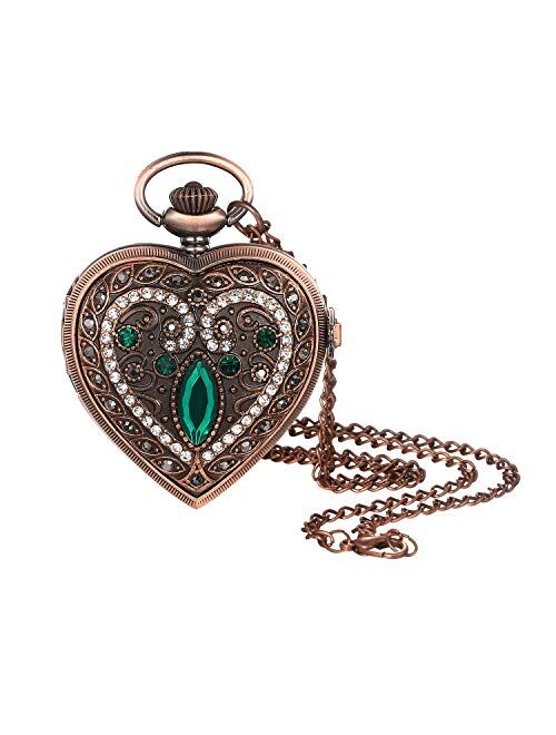 Lancardo Women's Girl's Pocket Watch Beautiful Rhinestone Heart Locket Quartz Sweater Pendant with Chain Birthday Christmas ST Patricks Day