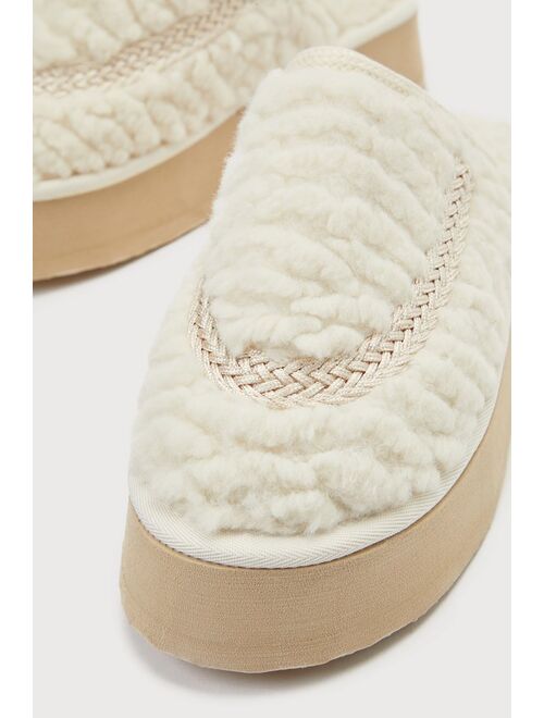 Lulus Einya Beige Faux Fur Flatform Slippers