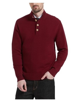 Kallspin Men's Pullover Sweater Wool Midweight Mock Neck Quarter-Button Long Sleeve Pullover