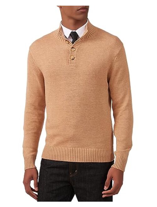 Kallspin Men's Pullover Sweater Wool Midweight Mock Neck Quarter-Button Long Sleeve Pullover