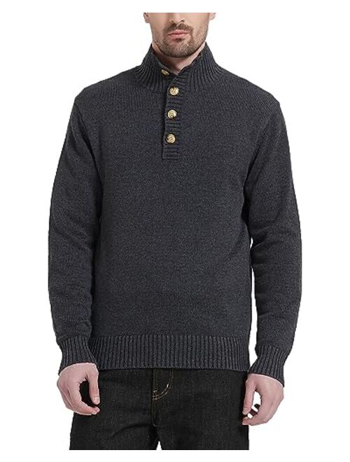 Kallspin Men's Pullover Sweater Wool Midweight Mock Neck Quarter-Button Long Sleeve Pullover