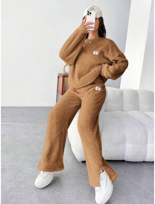 SHEIN EZwear Patch Details Teddy Sweatshirt And Pants Set