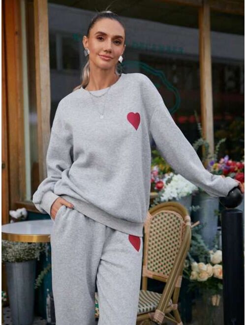 SHEIN Essnce 2pcs/set Heart Patterned Sweater And Sweatpants