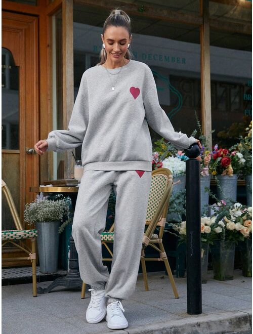 SHEIN Essnce 2pcs/set Heart Patterned Sweater And Sweatpants