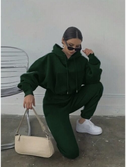 Women's Drawstring Hooded Sweatshirt And Sweatpants Set