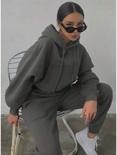 Women's Drawstring Hooded Sweatshirt And Sweatpants Set