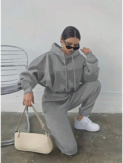 Women's Drawstring Hooded Sweatshirt And Sweatpants Set