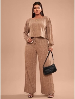 SHEIN Essnce Plus Rib-knit Tee and Knot Waist Pants Set