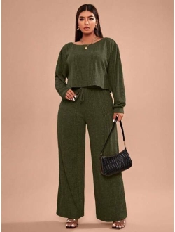 SHEIN Essnce Plus Rib-knit Tee and Knot Waist Pants Set