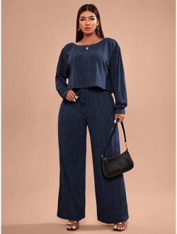 SHEIN Essnce Plus Rib-knit Tee and Knot Waist Pants Set