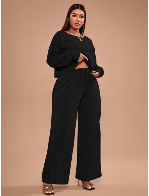 SHEIN Essnce Plus Rib-knit Tee and Knot Waist Pants Set