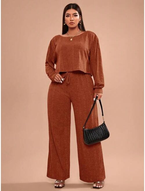 SHEIN Essnce Plus Rib-knit Tee and Knot Waist Pants Set