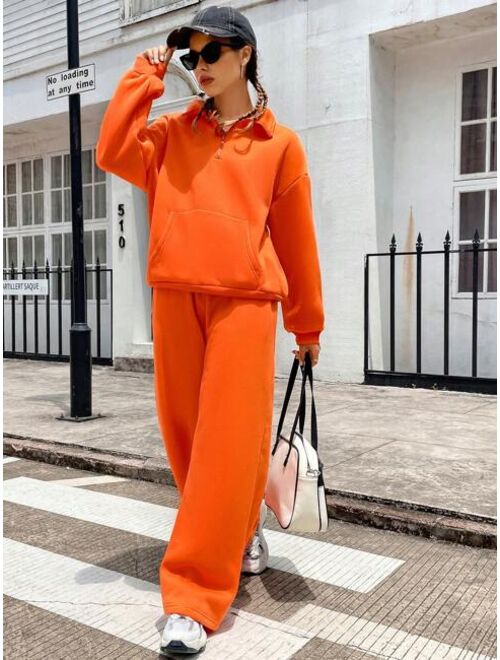 Women's Zipper Pure Color Drop Shoulder Sweatshirt And Jogger Pants Two-Piece Set