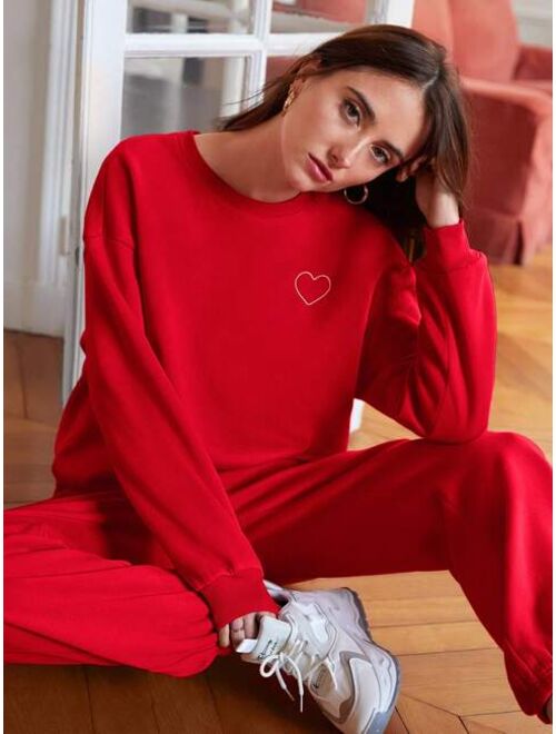 SHEIN Frenchy Heart Print Drop Shoulder Sweatshirt & Sweatpants