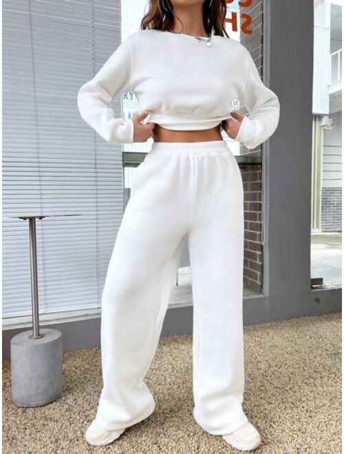 Solid Drop Shoulder Crop Sweatshirt & Sweatpants