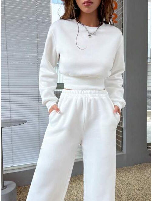 Solid Drop Shoulder Crop Sweatshirt & Sweatpants