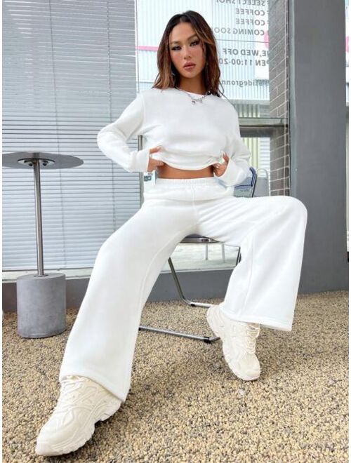 Solid Drop Shoulder Crop Sweatshirt & Sweatpants