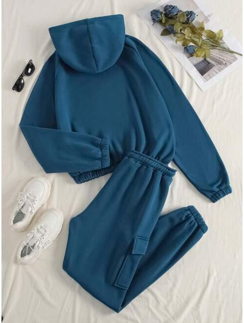 SHEIN Essnce Solid Raglan Sleeve Sweatshirt & Flap Pocket Sweatpants