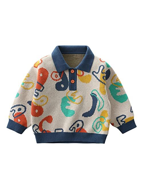 LABISHU Toddler's Color Block Printed Pullover Sweater Little Kid's Polo Collar Ribbed Knitted Tops Knitwear