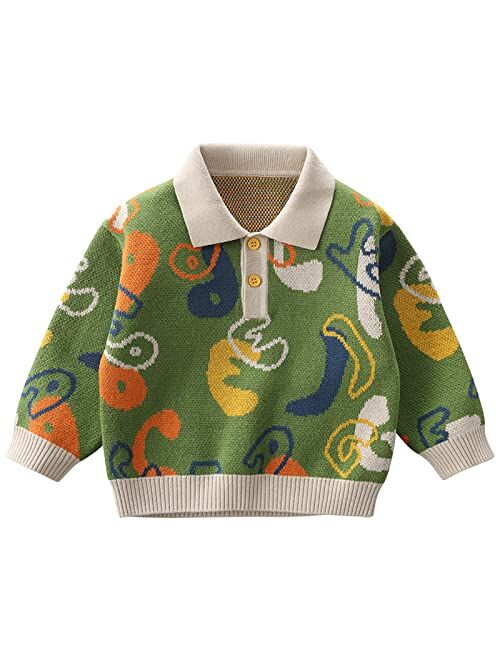 LABISHU Toddler's Color Block Printed Pullover Sweater Little Kid's Polo Collar Ribbed Knitted Tops Knitwear