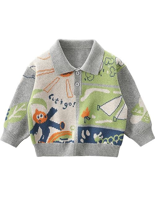 LABISHU Toddler's Color Block Printed Pullover Sweater Little Kid's Polo Collar Ribbed Knitted Tops Knitwear