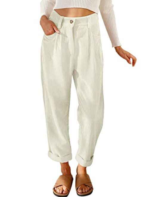 Acelitt Womens Elastic Waist Straight Leg Corduroy Pants with Pockets, S-2XL