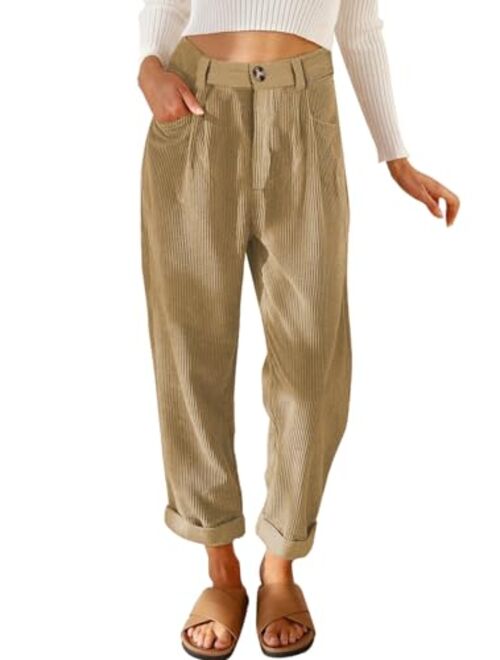 Acelitt Womens Elastic Waist Straight Leg Corduroy Pants with Pockets, S-2XL