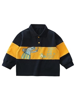 LABISHU Baby Boys Cartoon Printed Polo Shirts Toddler Boys Long Sleeve Color Blocked Cotton Tops