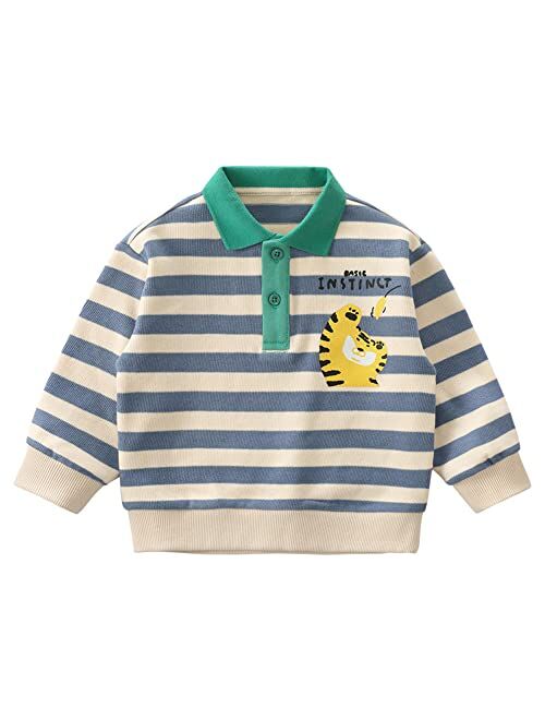 LABISHU Baby Boys Cartoon Printed Polo Shirts Toddler Boys Long Sleeve Color Blocked Cotton Tops