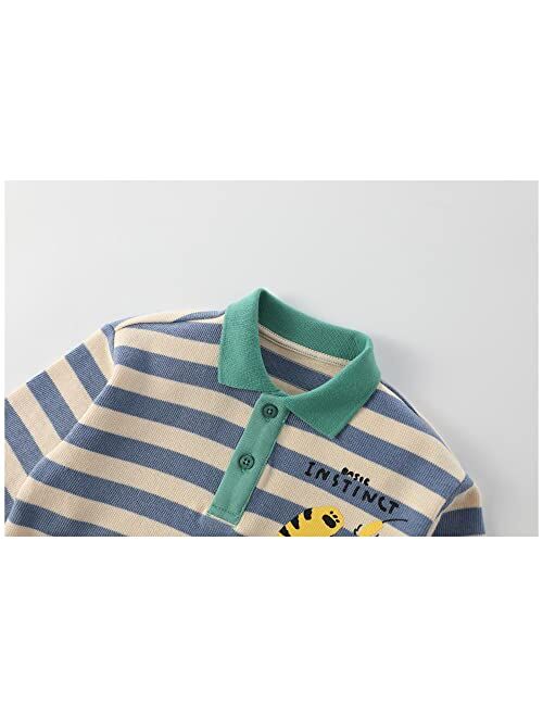 LABISHU Baby Boys Cartoon Printed Polo Shirts Toddler Boys Long Sleeve Color Blocked Cotton Tops