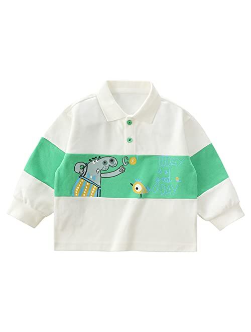 LABISHU Baby Boys Cartoon Printed Polo Shirts Toddler Boys Long Sleeve Color Blocked Cotton Tops