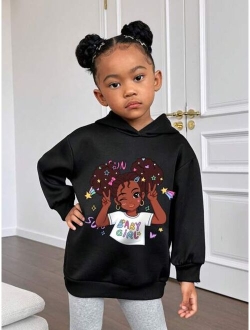 Shein Young Girl Figure & Letter Graphic Drop Shoulder Hoodie