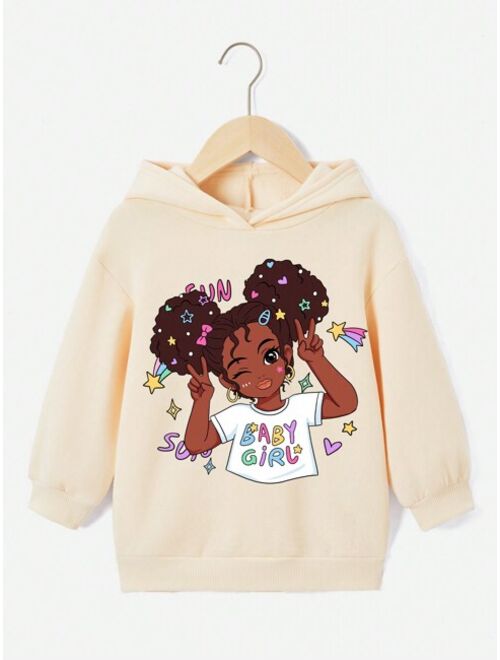 Shein Young Girl Figure & Letter Graphic Drop Shoulder Hoodie