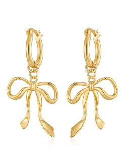 WOWORAMA Gold Bow Earrings for Women Long Ribbon Bow Hoop Earrings Trendy Cute Bowknot Dangle Drop Earrings Dainty Bow Earrings