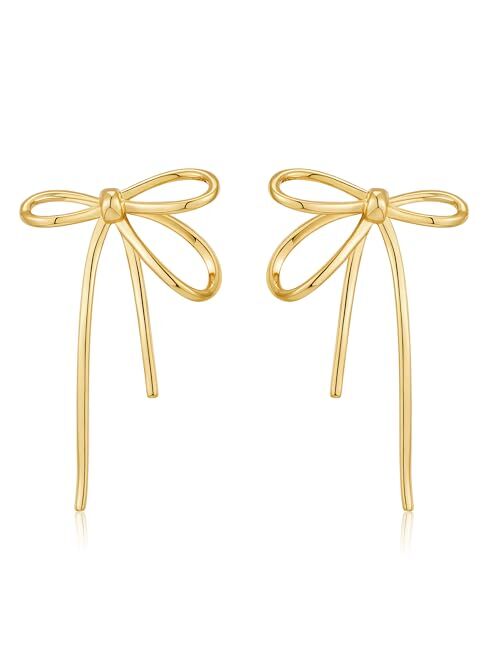 WOWORAMA Gold Bow Earrings for Women Long Ribbon Bow Hoop Earrings Trendy Cute Bowknot Dangle Drop Earrings Dainty Bow Earrings