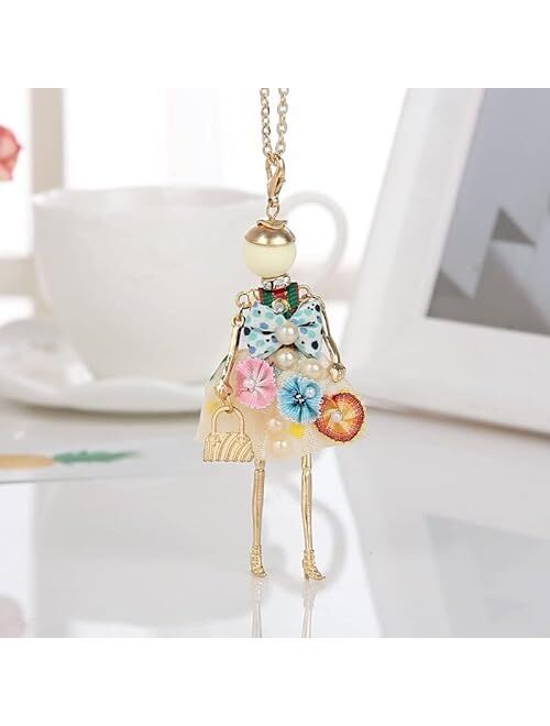 Generic Statement Flower Doll Necklace Dress Handmade French Doll Pendant Alloy Girl Women Flower Fashion Jewelry