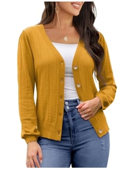 Women Button Down Sweater V Neck Cable Knit Crop Cardigan Cute