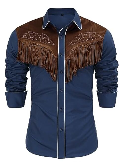 TURETRENDY Men's Western Fringe Cowboy Shirt Halloween Costume Long Sleeve Embroidered Slim Fit Casual Button Down Shirts