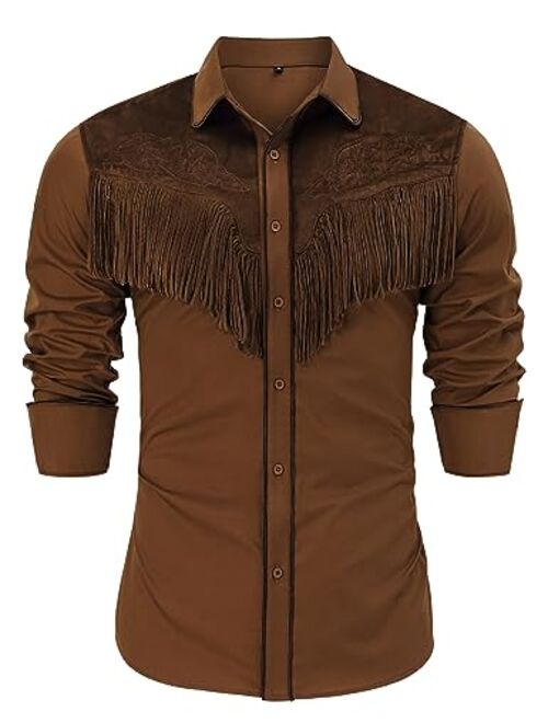 TURETRENDY Men's Western Fringe Cowboy Shirt Halloween Costume Long Sleeve Embroidered Slim Fit Casual Button Down Shirts